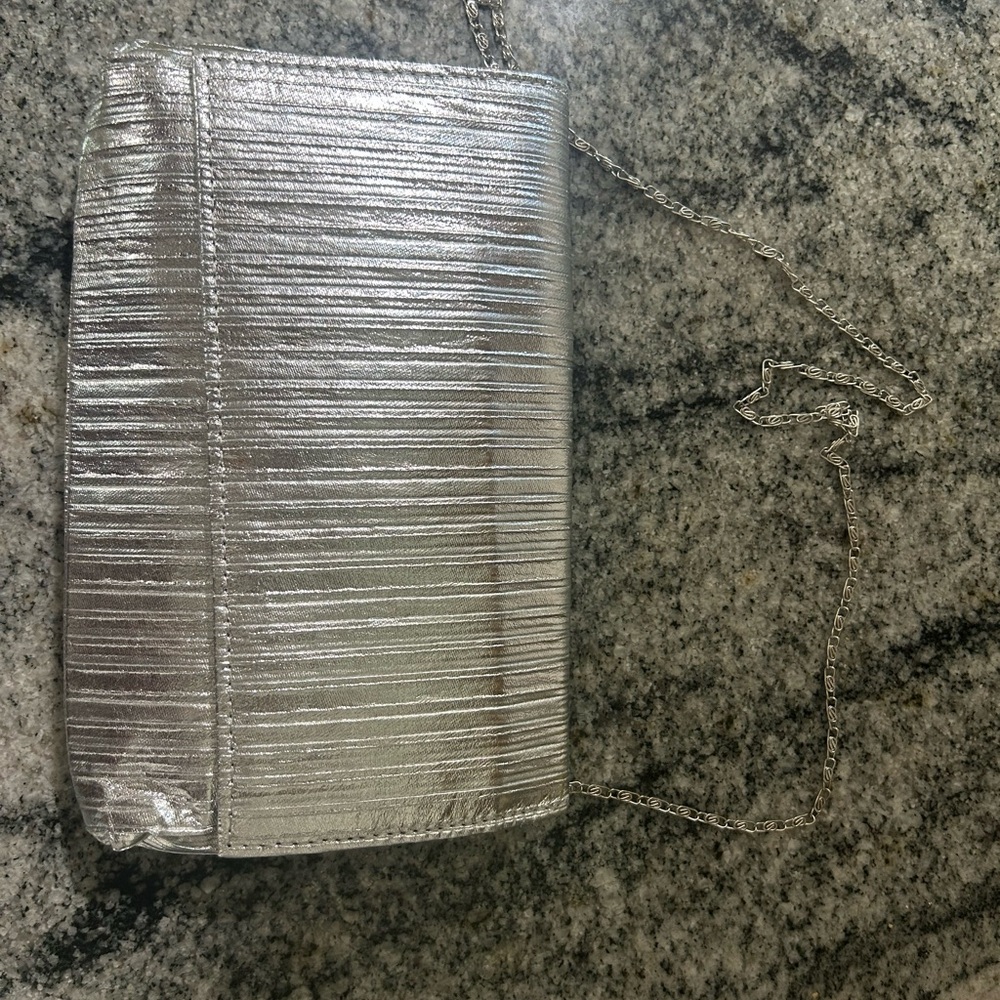 Silver Metallic Clutch with Chain Strap